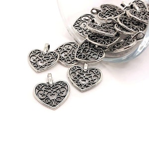 4, 20 or 50 BULK Silver Heart Charms, Filigree Scroll, 16x15mm | Ships Immediately from USA | AS302