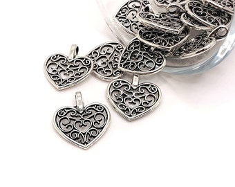 4, 20 or 50 BULK Silver Heart Charms, Filigree Scroll, 16x15mm | Ships Immediately from USA | AS302