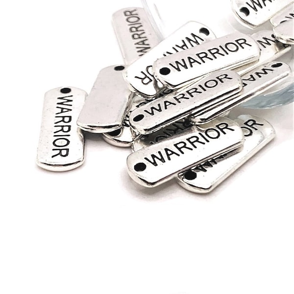 4, 20 or 50 BULK Warrior Bar Tags, Antique Silver Word Charm, 21x8mm | Ships Immediately from USA | AS165
