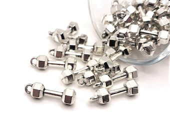 1, 4, 20 or 50 BULK Silver Dumbbell Workout Exercise Gym Charms | Ships Immediately from USA | AS1535