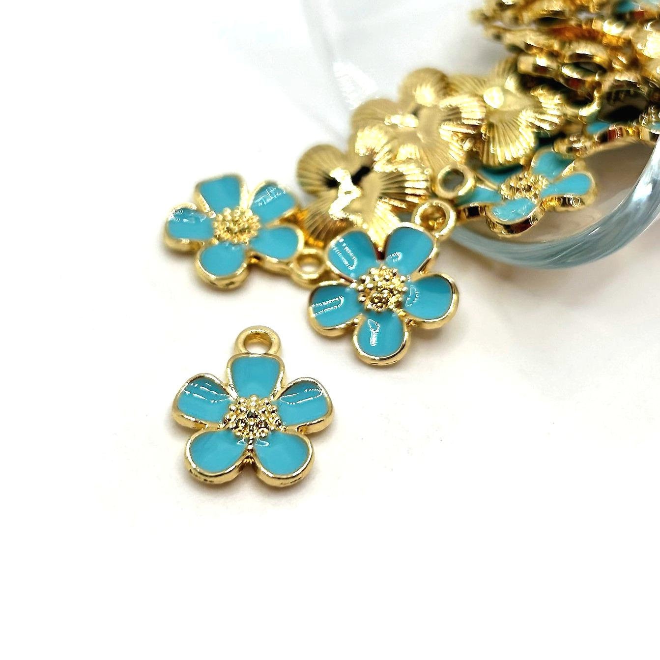 4, 20 or 50 BULK Small Light Blue and Gold Flower Charms Charm