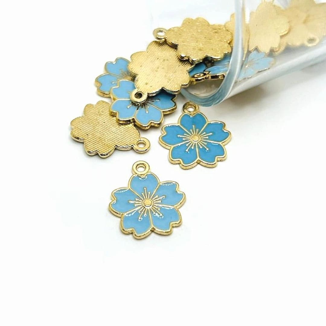 4, 20 or 50 BULK Light Blue and Gold Flower Charms Charm, Small
