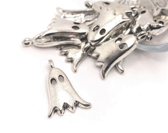 1, 4, 20 or 50 BULK Silver Cute Ghost Charms, Spooky Halloween, 12 x 18 mm | Ships Immediately from USA | AS1569