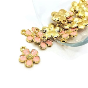 4, 20 or 50 BULK Small Light Pink and Gold Flower Charms Charm, Small Daisy, Enamel Floral | Ships Immediately from USA | PK1062