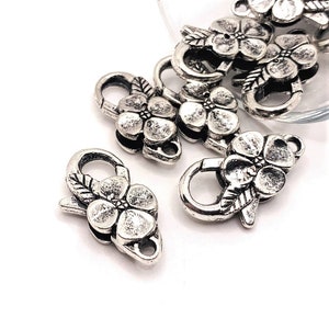 4, 20 or 50 BULK Silver Flower Lobster Clasps, Large Claw Clasp, Decorative Clasp, 15x26mm | Ships Immediately from USA | AS473