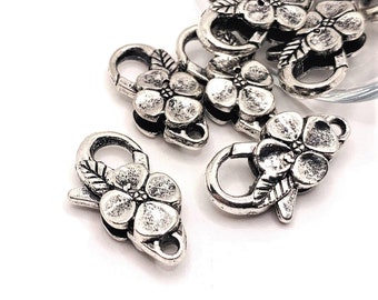 4, 20 or 50 BULK Silver Flower Lobster Clasps, Large Claw Clasp, Decorative Clasp, 15x26mm | Ships Immediately from USA | AS473