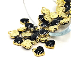 4, 20 or 50 BULK Gold and Black Enamel Tiny Heart Charms, 7x8mm | Ships Immediately from USA | BK146