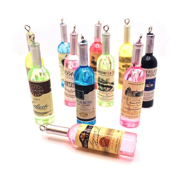 4, 20 or 50 BULK Multi-Color Resin Wine Bottle Charms, Random Labels, Colorful Wine Bottles with Eye Screw | Ships from USA | MC1491