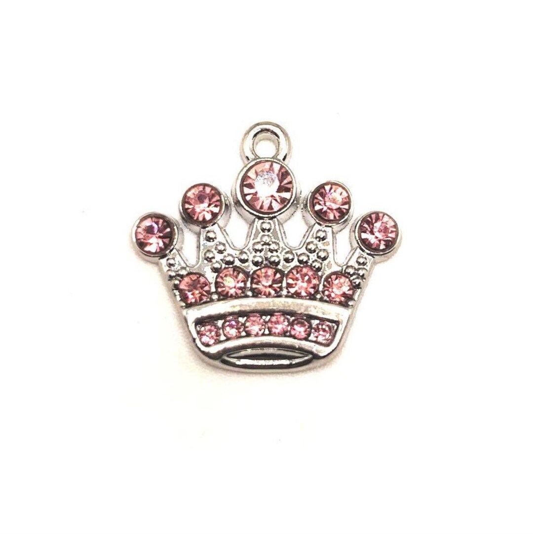 4, 20 or 50 BULK Pink Rhinestone Crown Charms, Silver Diamond Crown