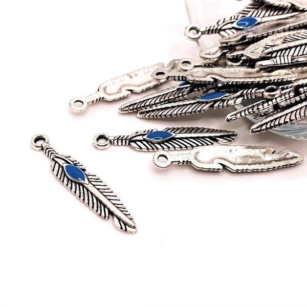 4 or 20 BULK Silver Feather Charms, Dream Catcher, Blue, Native American Charm, 27x5mm | Ships Immediately from USA | AS654