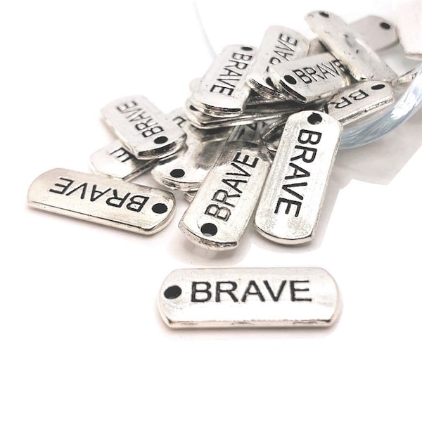 4, 20 or 50 BULK Brave Bar Tags, Antique Silver Word Charm, 21x8mm | Ships Immediately from USA | AS160