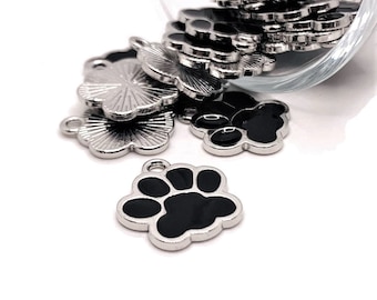 4, 20 oder 50 BULK Schwarz und Silber Emaille Pfoten Anhänger, Hund Katze Abdruck, Tierliebhaber Anhänger, 18 x 17 mm | Versand sofort aus den USA | DE048