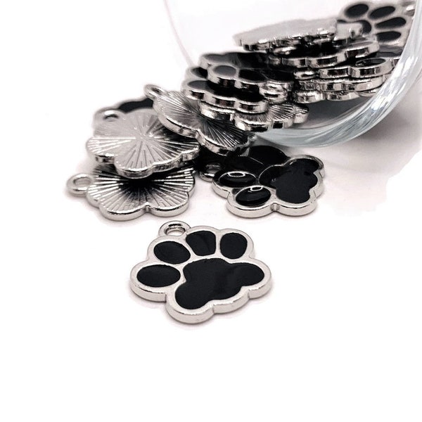 4, 20 or 50 BULK Black and Silver Enamel Paw Charms, Dog Cat Print, Pet Lover Charm, 18 x 17mm | Ships Immediately from USA | EN048