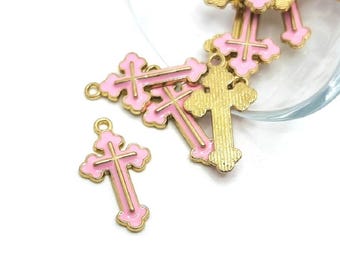 1, 4, 20 or 50 BULK Pink Enamel Cross Charms, Pink and Gold, Christian Catholic | Ships Quickly from USA | PK1805