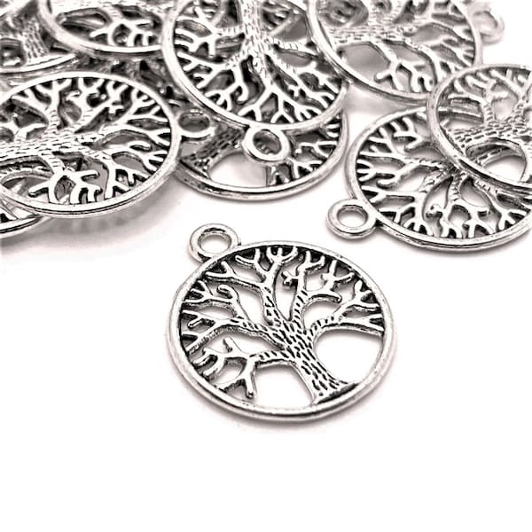 4, 20 or 50 BULK Silver Tree of Life Charms, Silver Tree Charm, Double Sided, 20mm | Ships Immediately from USA | AS451