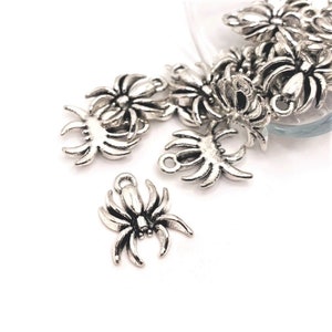 May include: A pile of silver spider charms with a loop for attaching to jewelry or other crafts.