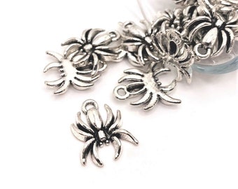 1, 4, 20 or 50 BULK Silver Hanging Spider Charms, Spooky Halloween, 14 x 18 mm | Ships Immediately from USA | AS1570