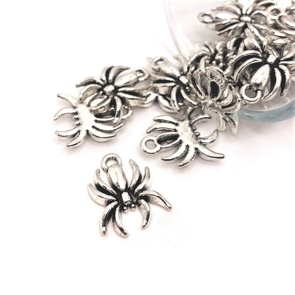 1, 4, 20 or 50 BULK Silver Hanging Spider Charms, Spooky Halloween, 14 x 18 mm | Ships Immediately from USA | AS1570