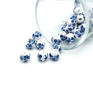 42 Round Blue Flower Porcelain Beads, Floral Spacer Beads, 8mm | Ships Immediately from USA