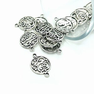 4, 20 or 50 BULK Antique Silver Filigree Connector Charms, Filigree Scroll, Circle Connector, 14x20mm | Ships Immediately from USA | AS850