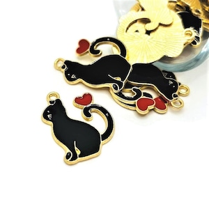 1, 4, 20 or 50 Black Enamel Cat with Heart, I Love My Cat Charm | Ships Immediately from USA | BK1201