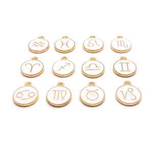 12 or 60 BULK White and Gold Enamel Zodiac Constellation Charms, Astrology, Birth Sign, Double Sided, Coin | Ready to Ship from USA | WH1002