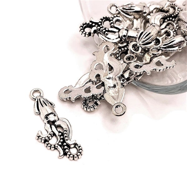 4, 20 or 50 BULK Silver Squid Charms, Steampunk Charm, Octopus, Cthulhu, Kraken, 25x10mm | Ships Immediately from USA | AS487