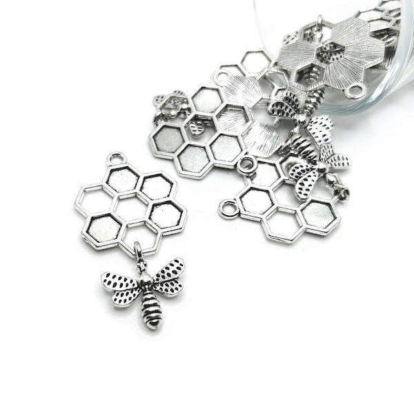 4 or 20 BULK Honeycomb Charms with Hanging Bee, Silver Charm, Save the Bees, Dangle Bee, 24x47mm | Ships Immediately from USA | AS863