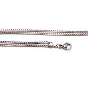May include: A silver chain necklace with a lobster clasp closure.