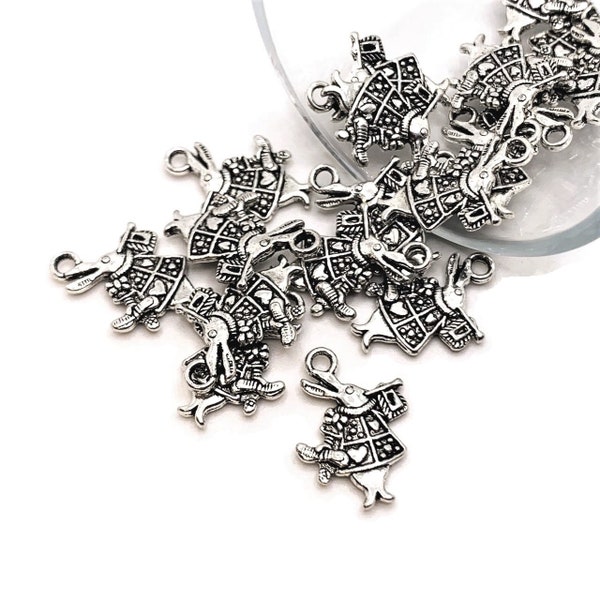 4, 20 or 50 BULK White Rabbit Charms, Silver, Alice in Wonderland Charm, I'm Late Pendant, 20 x 15mm | AS074