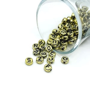 200 Round Alphabet Beads, Gold and Black Letter, Plastic Letter Charm, 7mm | Ships Immediately from USA | GL2177