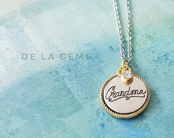 Engraved Grandma Pendant Necklace: Stainless Steel Cable Chain, Optional Initial Charm