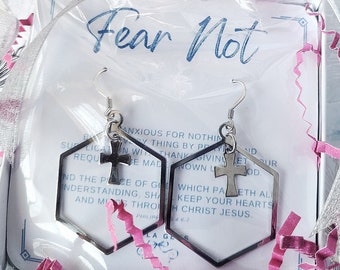 Hexagon Cross Hoop Earrings, Encouragement Bible Verse Card, Stainless Steel Ear Wires,  Fear Not Gift, Christian Faith Jewelry