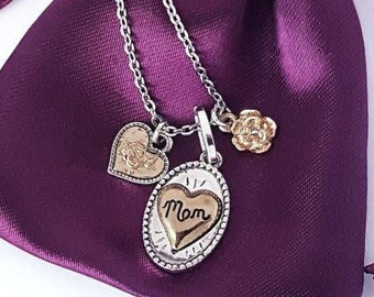 Engraved Mom Heart Necklace: Two-Tone Stainless Steel Chain, Flower Earrings