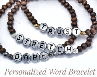 Personalized Bracelet, Block Letter Bracelet, Tiny Wood Bead Bracelet, Unisex Affirmation Gift, Friendship Name Bracelet, Gift for Brother