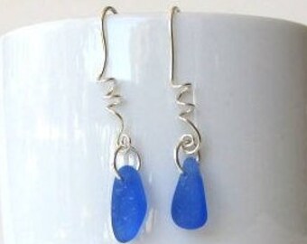 Blue Sea Glass Earrings Dangle, Blue Drop Earrings, Blue Jewelry, Beach Wedding, Bridesmaids Earrings, Long Dangle Earrings Blue, Bohemian