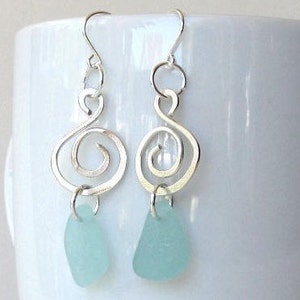Aqua Blue Sea Glass Earrings, Sea Glass Jewelry Sterling Silver, Blue Silver Earrings, Blue Earrings Dangle, Sterling Silver Swirl Earrings