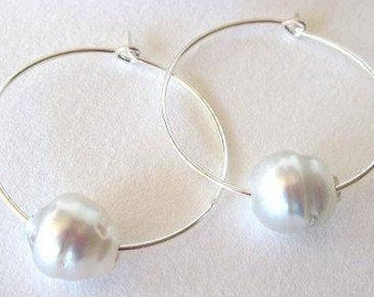 White Pearl Hoops Earrings, South Sea Pearl Earrings, Hawaiian Hoop Earrings, 1 inch Pearl Hoops, Hoop Earrings Sterling Silver, Hoops