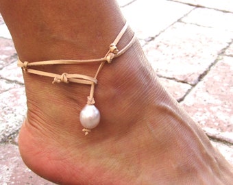 Freshwater Pearl Anklet, Pearl Anklet, Leather Pearl Anklet, Wrap Anklet, Beach Anklet, Dangle Anklet, Hippie Anklet, Knotted Leather Anklet