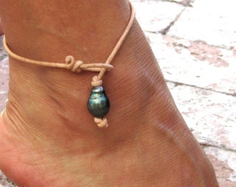 Tahitian Pearl Leather Jewelry, Tahitian Pearl Anklet, Tahitian Pearl Ankle Bracelet, Dangle Anklet,Ankle Bracelet Women and Men,Boho Anklet