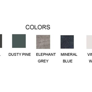May include: Image displaying a color palette with the word "COLORS" above. The palette includes Coal, Dusty Pine, Elephant Grey, Mineral Blue, and Vintage White color swatches.