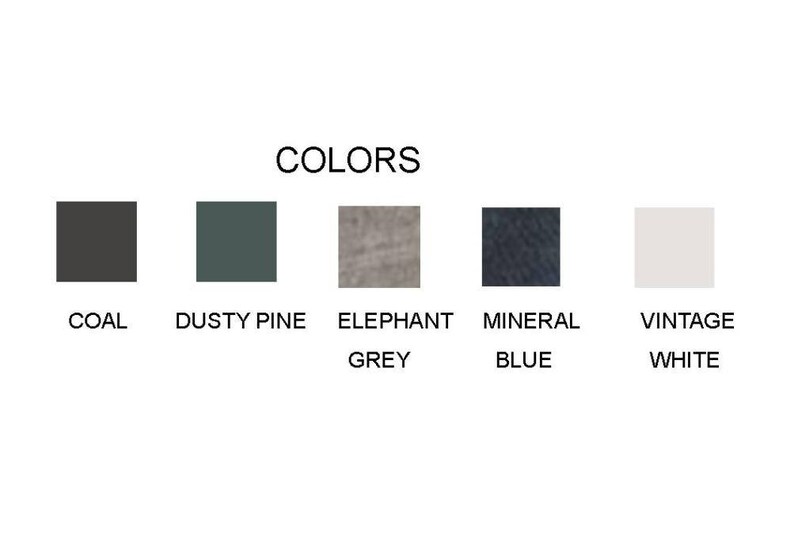 May include: Image displaying a color palette with the word "COLORS" above. The palette includes Coal, Dusty Pine, Elephant Grey, Mineral Blue, and Vintage White color swatches.