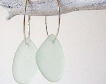 Sea Glass Earrings Sterling Silver, Sea Glass Hoop Earrings, Aqua Sea Glass Earrings, Beach Glass Dangle Earrings, Beach Glass Jewelry, Boho