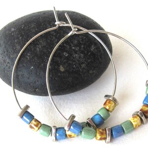 Boho Hoop Earrings, Silver Hoop Earrings, Silver Beaded Hoops, Boho Style Earrings,Large Boho Earrings,Sterling Silver Hoops, 1.5 inch Hoops