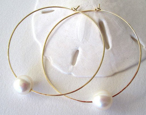 Orecchini pendenti a cerchio con perle in oro massiccio 14 carati, orecchini pendenti con tripla perla d'acqua dolce - Italia