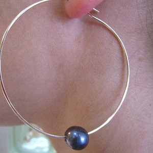 Black Pearl Hoops, Black Pearl Earrings, Peacock Pearl Hoops, Sterling Silver Hoop Earrings, Large Hoops, 2 inch Hoop Earrings, Silver Hoops