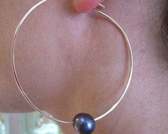 Black Pearl Hoops, Black Pearl Earrings, Peacock Pearl Hoops, Sterling Silver Hoop Earrings, Large Hoops, 2 inch Hoop Earrings, Silver Hoops