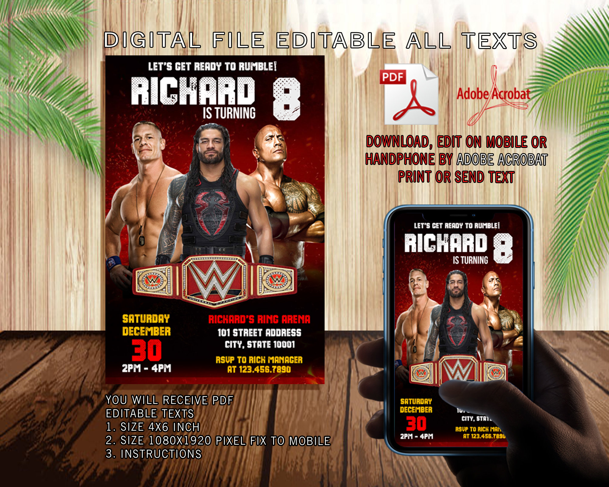 Editable Wwe Invitation Wwe Pdf Birthday Wwe Pdf Editable Etsy