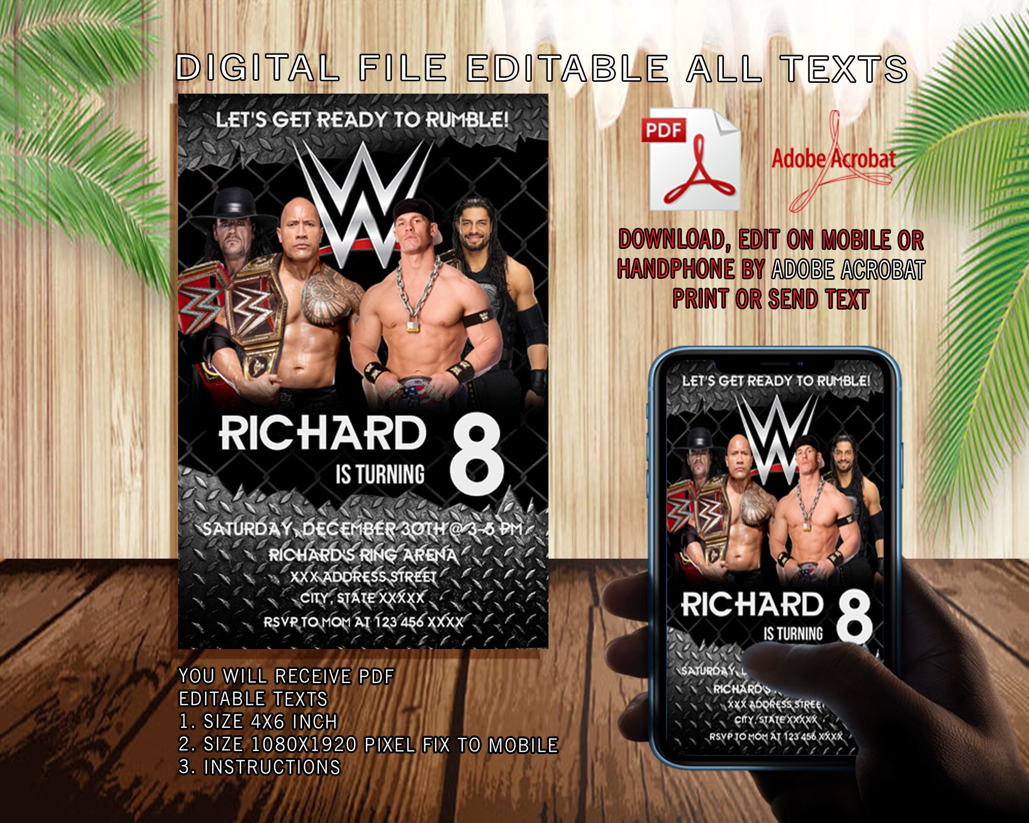 Editable Wwe Invitation Wwe Pdf Birthday Wwe Pdf Editable Etsy