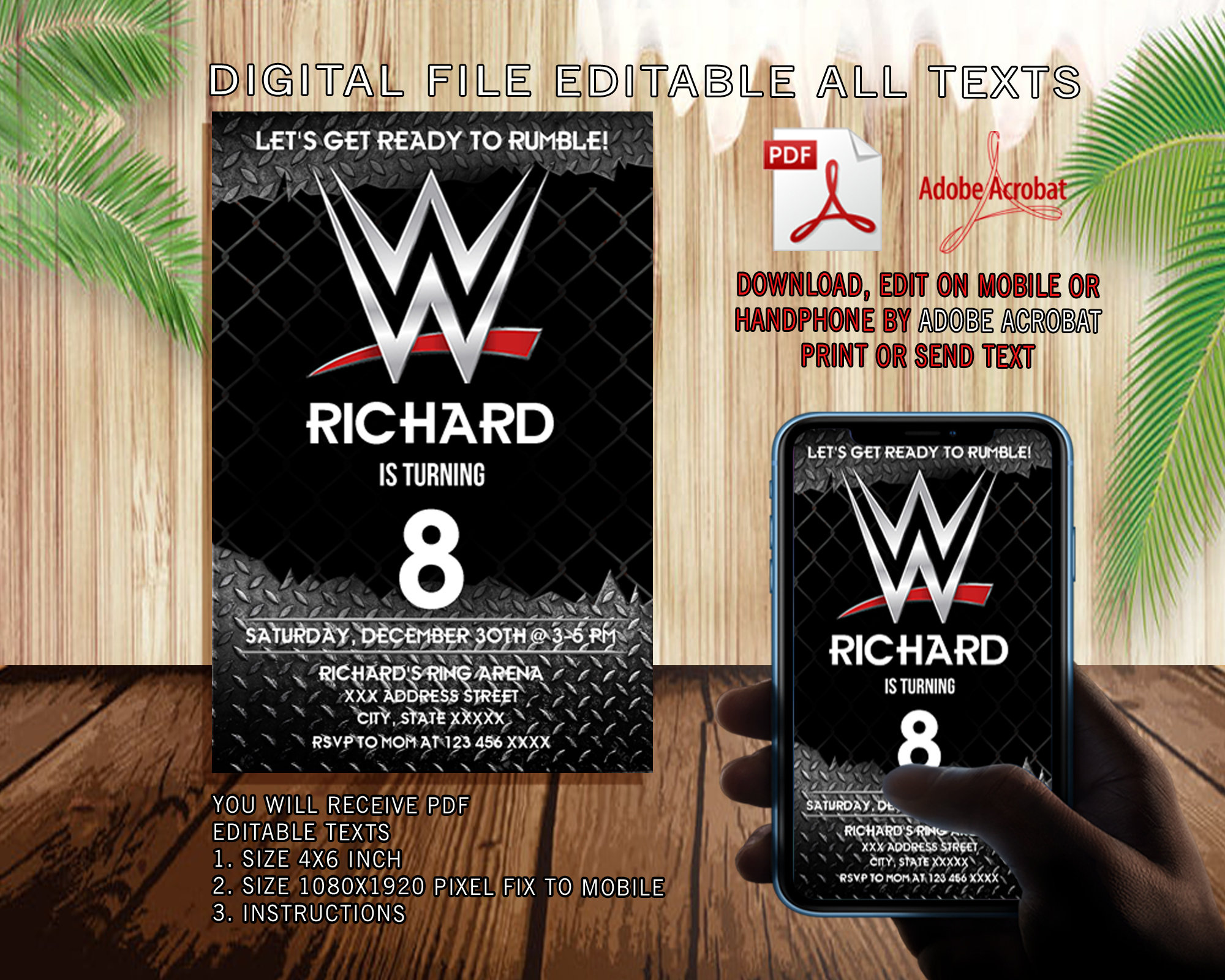 Editable Wwe Invitation Wwe Pdf Birthday Wwe Pdf Editable Etsy